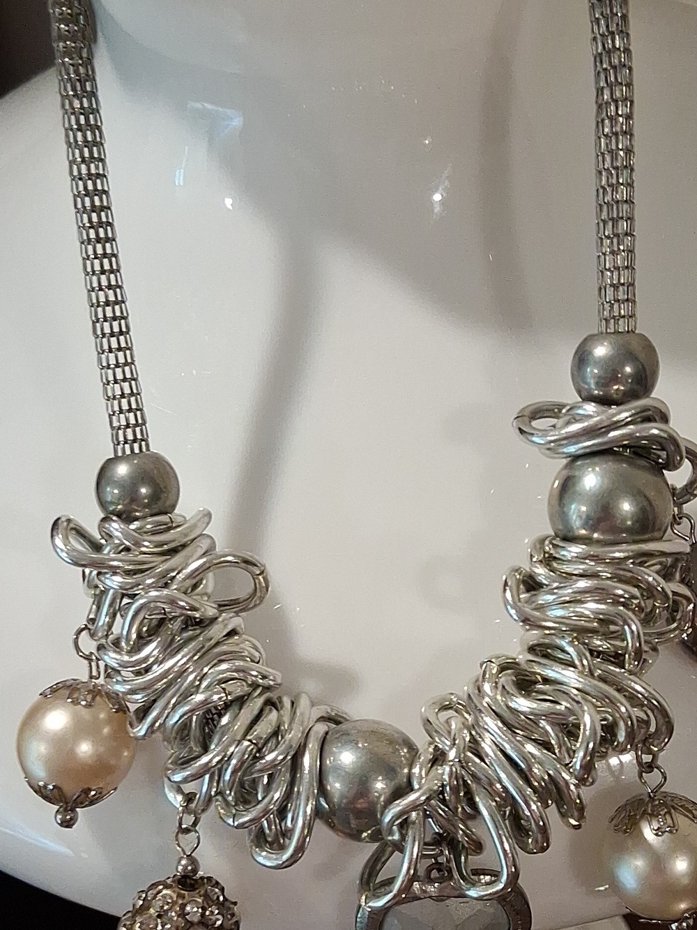 Silvertone  Multi-Element Statement Necklace with Pearl Accents